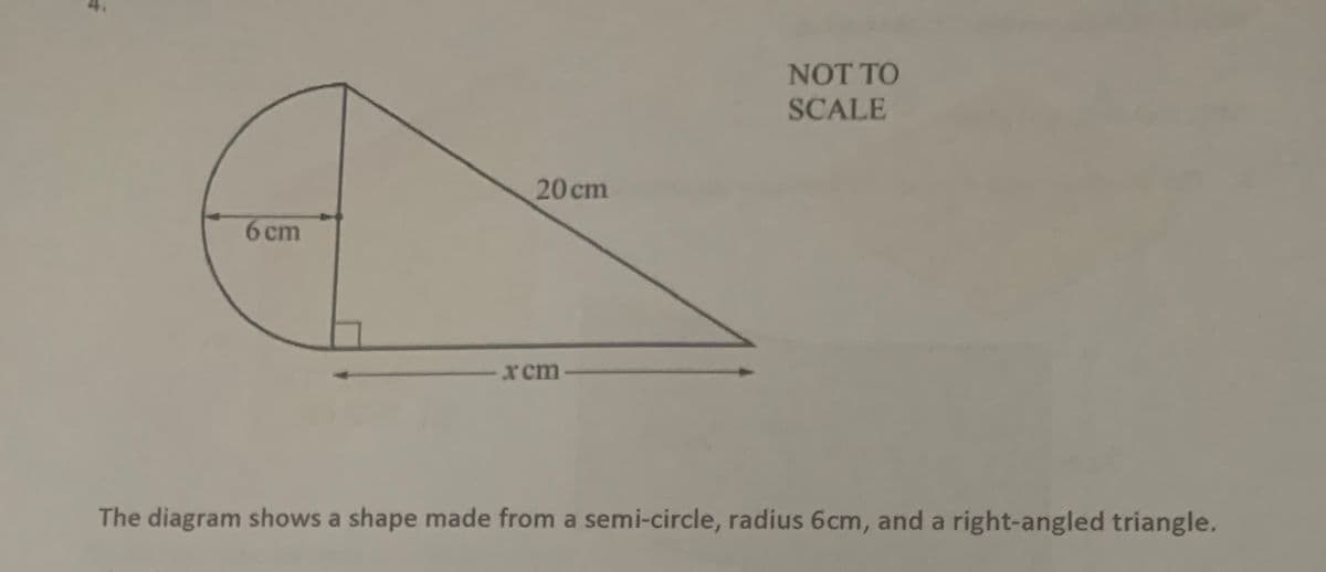 NOT TO
SCALE
20 cm
6 cm
x ст
The diagram shows a shape made from a semi-circle, radius 6cm, and a right-angled triangle.
