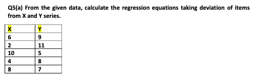 Q5(a) From the given data, calculate the regression equations taking deviation of items
from X and Y series.
Y
9
2
11
10
4
8.
8
7

