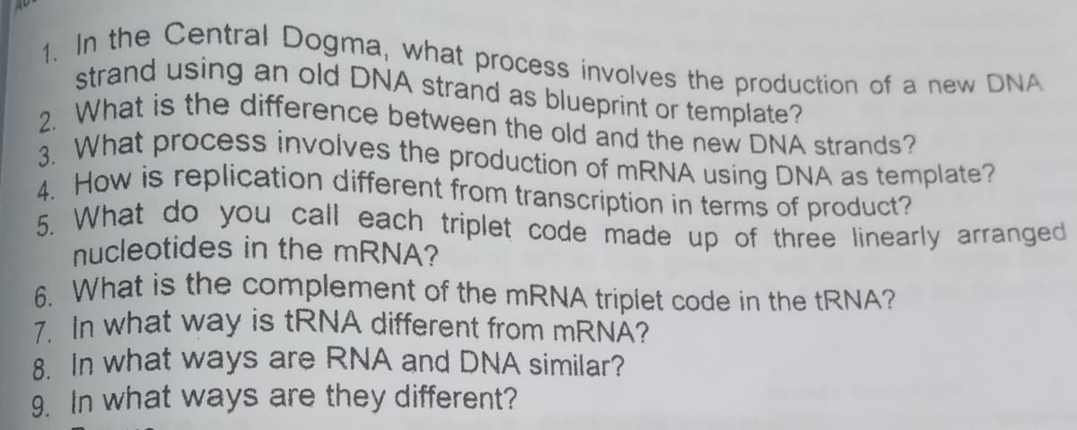 2. What is the difference between the old and the new DNA strands?
3. What process invoives the production of MRNA using DNA as template?
1. In the Central Dogma, what process involves the production of a new DNA
strand using an old DNA strand as blueprint or template?
* How is replication different from transcription in terms of product?
5 What do you call each triplet code made up of three linearly arranged
nucleotides in the MRNA?
6 What is the complement of the mRNA tripiet code in the tRNA?
7 In what way is tRNA different from MRNA?
8 In what ways are RNA and DNA similar?
9. In what ways are they different?
