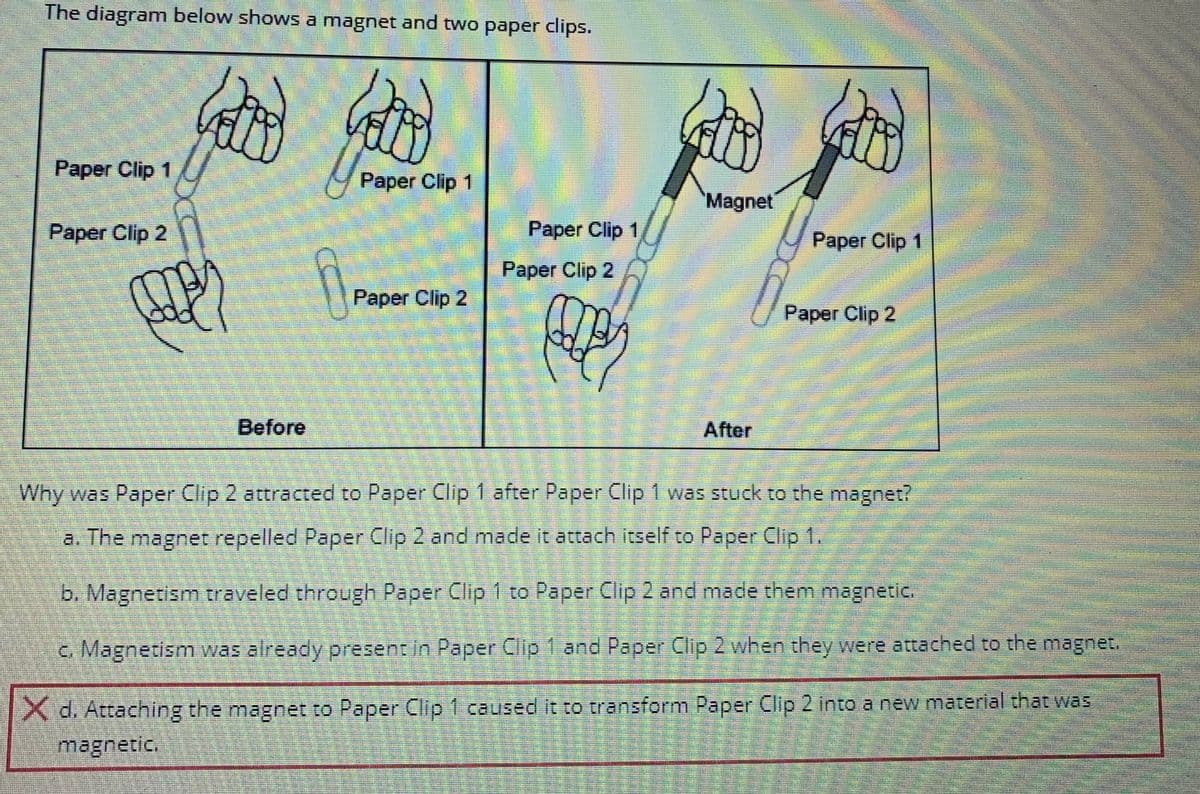 The diagram below shows a magnet and two paper clips.
Paper Clip 1
Paper Clip 2
⑤
poppy
Before
MAGENES
8.
A
wa m
S
200
M
Paper Clip 1
wa
Paper Clip 2
De C
Why was Paper Clip 2 attracted to Paper Clip 1 after Paper Clip 1 was stuck to the magnet?
a. The magnet repelled Paper Clip 2 and made it attach itself to Paper Clip 1.
b. Magnetism traveled through Paper Clip 1 to Paper Clip 2 and made them magnetic.
c. Magnetism was already present in Paper Clip 1 and Paper Clip 2 when they were attached to the magnet.
X d. Attaching the magnet to Paper Clip 1 caused
it to transform
Paper Clip 2 into a new material that was
magnetic.
P
Paper Clip 1
Paper Clip 2
Para pen
P
P
SP
P
simumam
P
m
Pa
Loo
O LE
Magnet
After
Paper Clip 1
Paper Clip 2