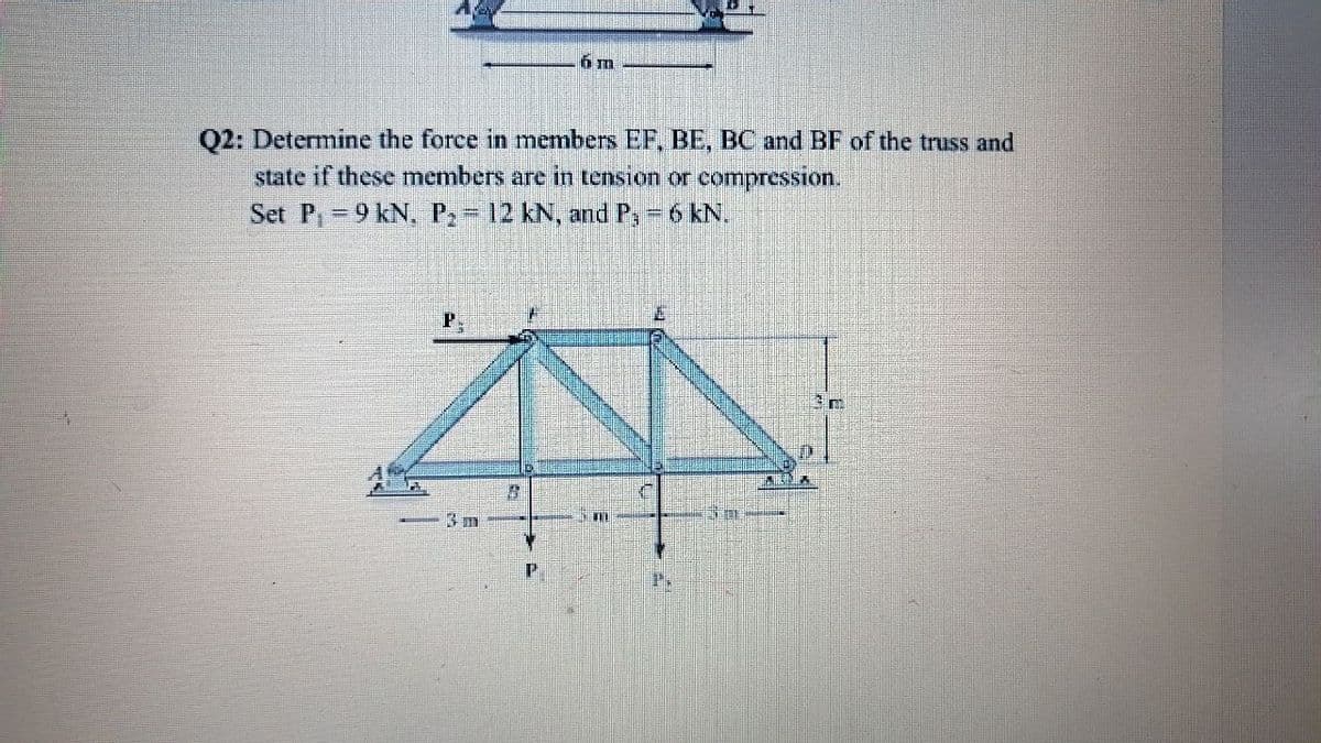 6 m
Q2: Determine the force in members EF, BE, BC and BF of the truss and
state if these members are in tension or compression.
Set P,-9 kN, P,- 12 kN, and P, - 6 kN.
3 m
