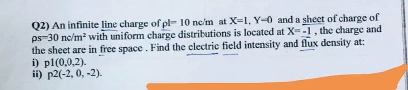 Q2) An infinite line charge of pl= 10 nc/m at X=1, Y=0 and a sheet of charge of
ps-30 nc/m² with uniform charge distributions is located at X=-1, the charge and
the sheet are in free space. Find the electric field intensity and flux density at:
i) p1(0,0,2).
ii) p2(-2, 0, -2).