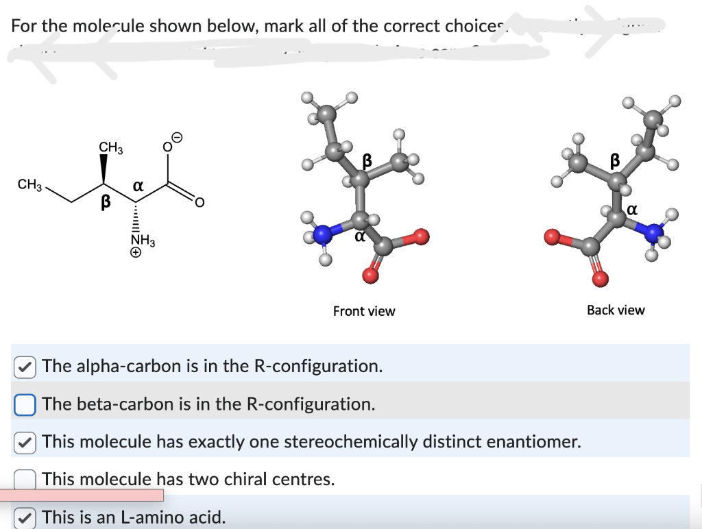 For the molecule shown below, mark all of the correct choices.
CH3
CH3
B
NH3
Front view
The alpha-carbon is in the R-configuration.
The beta-carbon is in the R-configuration.
This molecule has exactly one stereochemically distinct enantiomer.
This molecule has two chiral centres.
This is an L-amino acid.
Back view