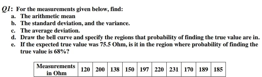 QI: For the measurements given below, find:
a. The arithmetic mean
b. The standard deviation, and the variance.
c. The average deviation.
d. Draw the bell curve and specify the regions that probability of finding the true value are in.
e. If the expected true value was 75.5 Ohm, is it in the region where probability of finding the
true value is 68%?
Measurements
120 200 138 150 197 220 231 170 189
185
in Ohm
