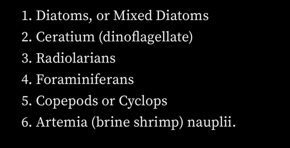 1. Diatoms, or Mixed Diatoms
2. Ceratium (dinoflagellate)
3. Radiolarians
4. Foraminiferans
5. Copepods or Cyclops
6. Artemia (brine shrimp) nauplii.
