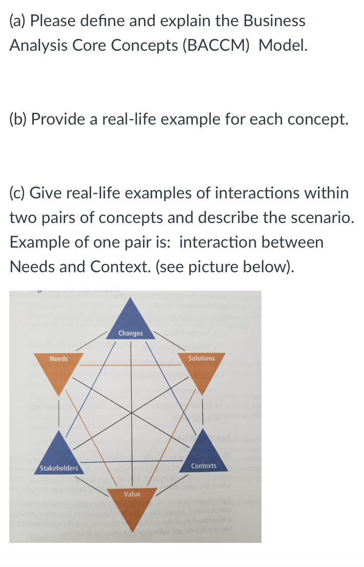 (a) Please define and explain the Business
Analysis Core Concepts (BACCM) Model.
(b) Provide a real-life example for each concept.
(c) Give real-life examples of interactions within
two pairs of concepts and describe the scenario.
Example of one pair is: interaction between
Needs and Context. (see picture below).
Changes
Needs
Solutions
Stakeholders
Contexts
Value
ai one lo a
