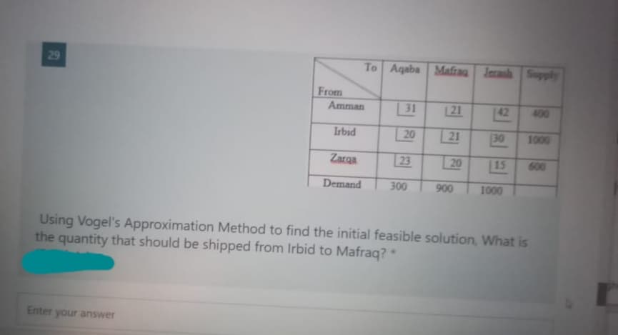 29
To Aqaba Mafrag Iacash Sopply
From
Amman
31
121
42
400
Irbid
20
21
30
1000
Zarga
23
20
15
600
Demand
300
900
1000
Using Vogel's Approximation Method to find the initial feasible solution, What is
the quantity that should be shipped from Irbid to Mafraq?
Enter
your answer
