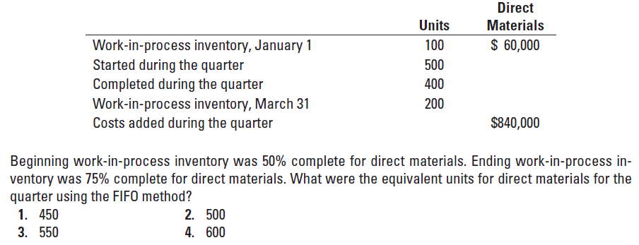 Direct
Materials
$ 60,000
Units
100
Work-in-process inventory, January 1
Started during the quarter
Completed during the quarter
Work-in-process inventory, March 31
Costs added during the quarter
500
400
200
$840,000
Beginning work-in-process inventory was 50% complete for direct materials. Ending work-in-process in-
ventory was 75% complete for direct materials. What were the equivalent units for direct materials for the
quarter using the FIFO method?
1. 450
3. 550
2. 500
4. 600
