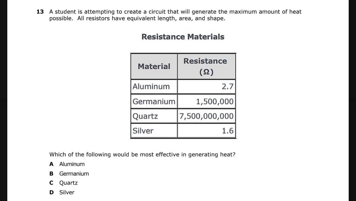 13 A student is attempting to create a circuit that will generate the maximum amount of heat
possible. All resistors have equivalent length, area, and shape.
Resistance Materials
Resistance
Material
(요)
Aluminum
2.7
Germanium
1,500,000
Quartz
7,500,000,000
Silver
1.6
Which of the following would be most effective in generating heat?
A Aluminum
B Germanium
C Quartz
D Silver
