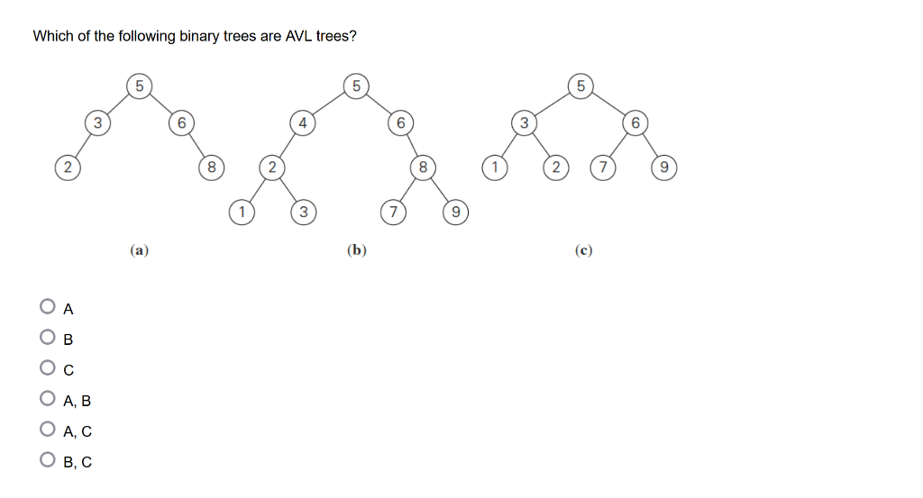 Which of the following binary trees are AVL trees?
(а)
(b)
(c)
O A
Ов
Ос
ОА, В
А, С
О в, с

