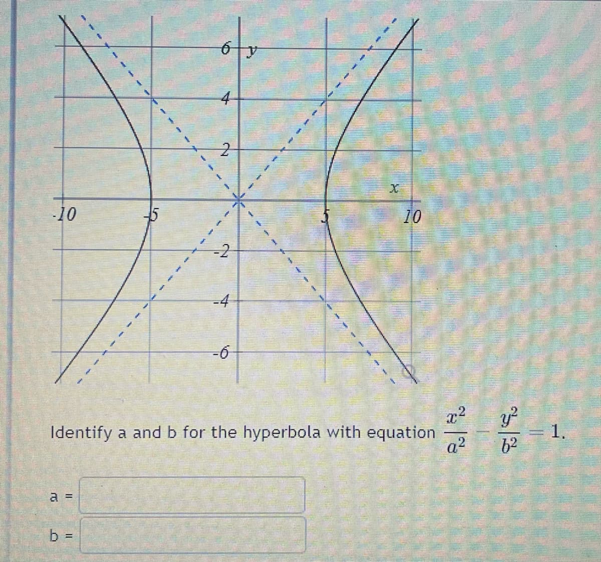 -10
a =
***********
b =
5
6 y
4
NO
4
-6-
Identify a and b for the hyperbola with equation
10
x² y²
62
|
a²
1.