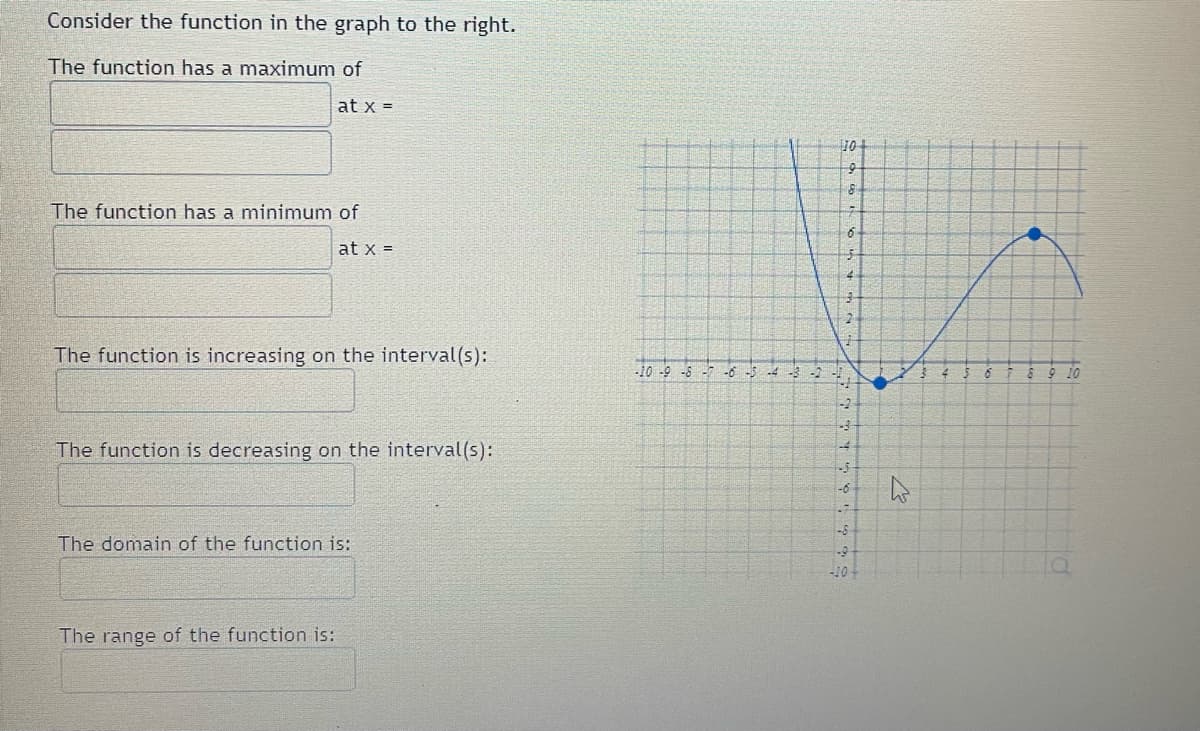 Consider the function in the graph to the right.
The function has a maximum of
at x =
The function has a minimum of
at x =
The function is increasing on the interval(s):
The function is decreasing on the interval(s):
The domain of the function is:
The range of the function is:
-10-9-8-7-6-5-4-3-2
10
9
8
6
2
25
-2
3
-4
-S
-6
-8
-9
-10
24
2✓
0
8 9 10