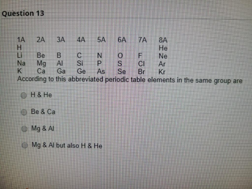 Question 13
1A
2A
ЗА
4A
5A
6A
7A
8A
Не
Ne
Ar
Be
Li
Na
K
Mg
Al
Si
Ge
P.
CI
Br
According to this abbreviated periodic table elements in the same group are
Ca
Ga
As
Se
Kr
O H& He
Be & Ca
Mg & Al
Mg & Al but also H & He
