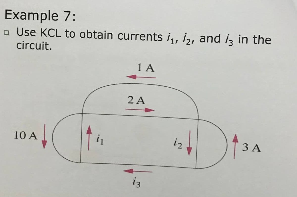 Example 7:
o Use KCL to obtain currents i,, i, and iz in the
circuit.
1 A
2 A
10 A
i,
i2
3 A
iz
