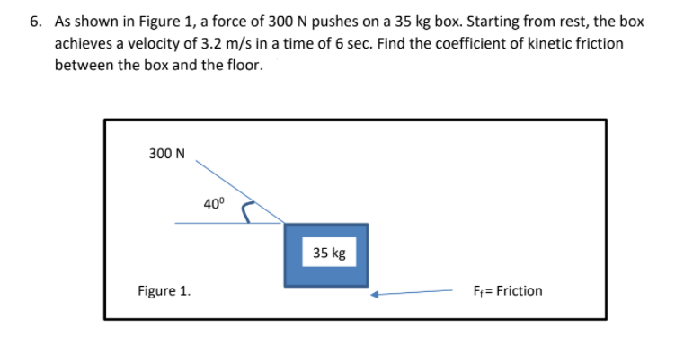6. As shown in Figure 1, a force of 300 N pushes on a 35 kg box. Starting from rest, the box
achieves a velocity of 3.2 m/s in a time of 6 sec. Find the coefficient of kinetic friction
between the box and the floor.
300 N
40°
35 kg
Figure 1.
Fr = Friction

