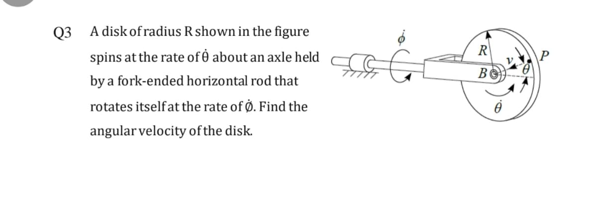 Q3
A disk of radius R shown in the figure
R
spins at the rate of 0 about an axle held
by a fork-ended horizontal rod that
rotates itselfat the rate of Ø. Find the
angular velocity of the disk.

