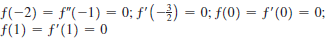 f(-2) = f"(-1) = 0; f'(-) = 0; f(0) = f'(0) = 0;
f(1) = f'(1) = 0
%3D
%3D
%3D
