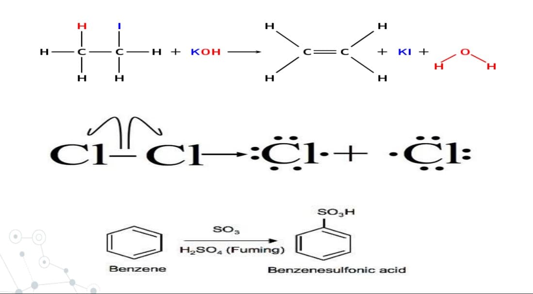 -C-
H + K OH
+ KI
H.
H
C1“CH:CI+ -Cl:
1-+
So,H
SO3
H,SO, (Fuming)
Benzene
Benzenesulfonic acid
