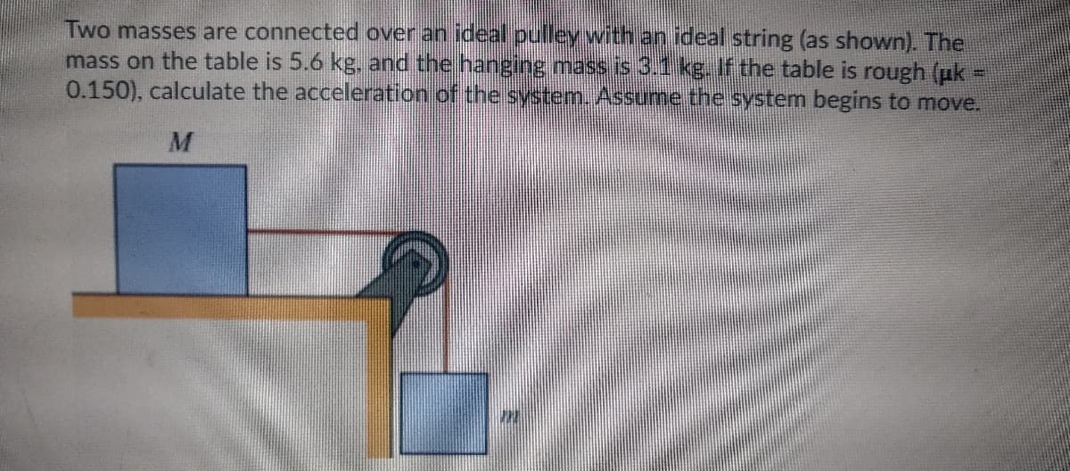Two masses are connected over an ideal pulley with an ideal string (as shown). The
mass on the table is 5.6 kg. and the hanging mass is 3.1 kg. If the table is rough (uk
0.150), calculate the acceleration of the system. Assume the system begins to move.
M
