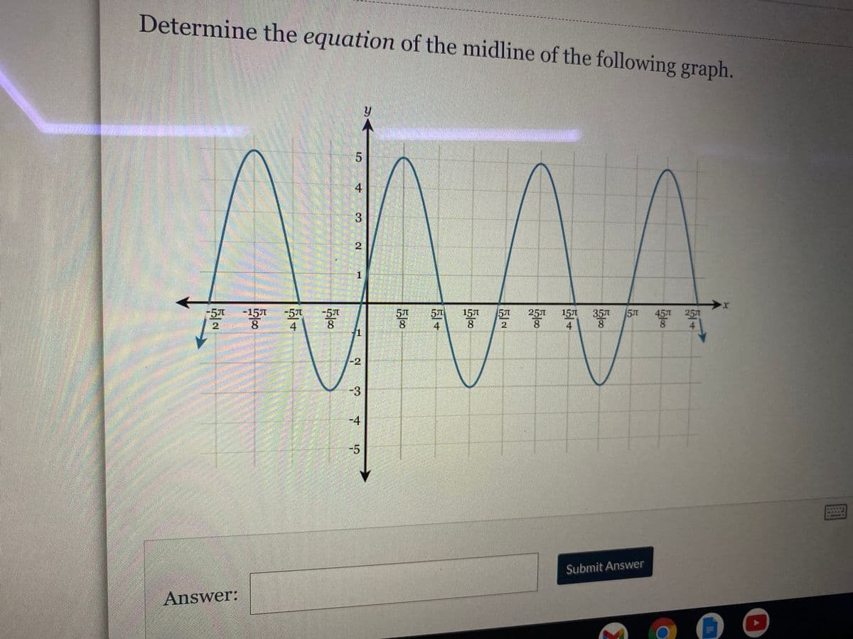 Determine the equation of the midline of the following graph.
2.
-15T
5A 15 57
8.
4
-51
8.
5T
4
15T
8.
5T
15元
35
25T
257
8.
2.
8.
2.
8
4
4
-2
-3
-4
-5
Submit Answer
Answer:
4)
