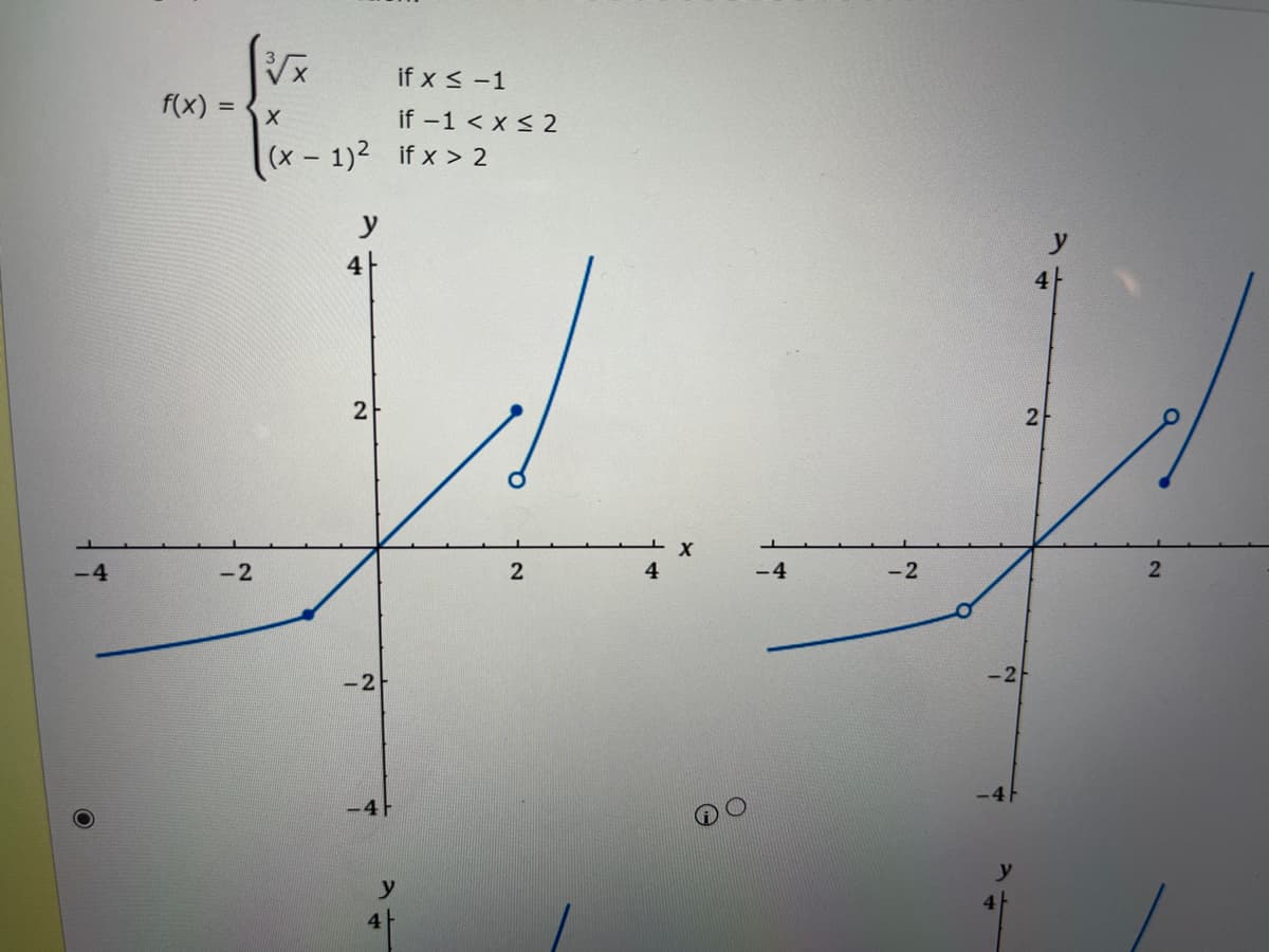 -4
f(x)
=
-2
3√√x
X
(x - 1)² if x > 2
y
4
2
-2
y
if x < -1
if -1 < x≤ 2
4
2
X
-4
-2
2
2
2