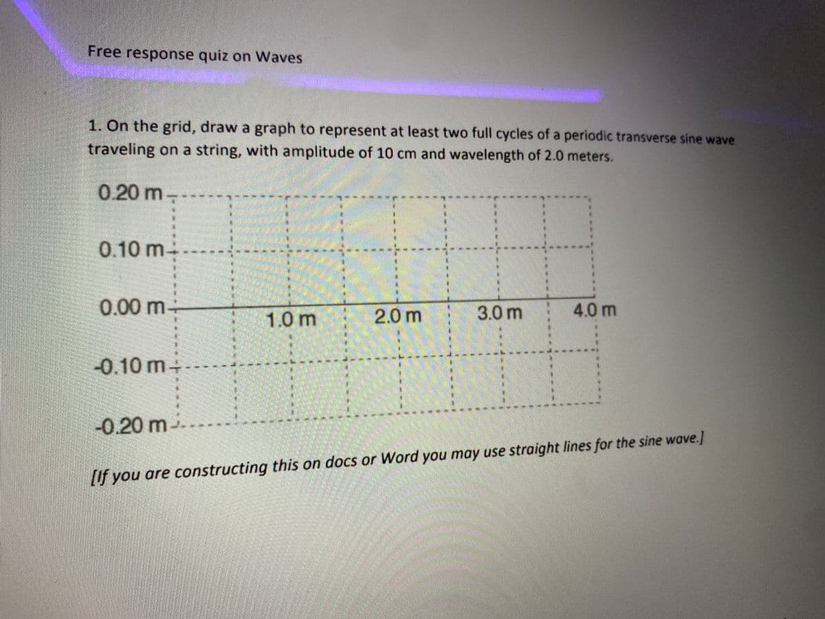 Free response quiz on Waves
1. On the grid, draw a graph to represent at least two full cycles of a periodic transverse sine wave
traveling on a string, with amplitude of 10 cm and wavelength of 2.0 meters.
0.20 m-
0.10 m-
0.00 m
2.0 m
3.0 m
4.0 m
1.0 m
-0.10m+-
-0.20m
[If you are constructing this on docs or Word you may use straight lines for the sine wave.]
-కంత
