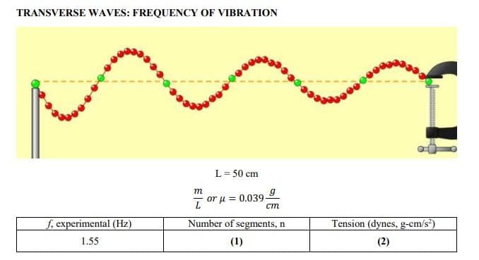 TRANSVERSE WAVES: FREQUENCY OF VIBRATION
L= 50 cm
m
or u = 0.039
ст
f. experimental (Hz)
Number of segments, n
Tension (dynes, g-cm/s2)
1.55
(1)
(2)
