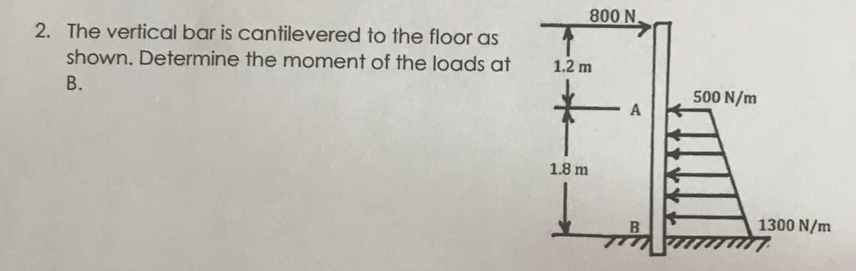 800 N
2. The vertical bar is cantilevered to the floor as
shown. Determine the moment of the loads at
1.2 m
В.
500 N/m
1.8 m
1300 N/m
