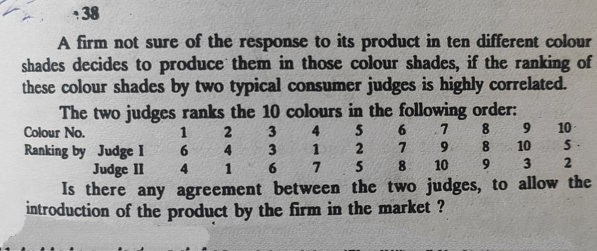 38
A firm not sure of the response to its product in ten different colour
shades decides to produce them in those colour shades, if the ranking of
these colour shades by two typical consumer judges is highly correlated.
The two judges ranks the 10 colours in the following order:
3
Colour No.
6.
8.
9.
10
6.
8.
10
Ranking by Judge I
Judge II
Is there any agreement between the two judges, to allow the
introduction of the product by the firm in the market ?
6.
4
3
1
6.
8
10
3
