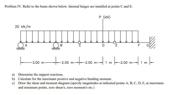 Problem IV. Refer to the beam shown below. Internal hinges are installed at points C and E.
P (kN)
20 kN/m
A
E
F
+200 mt-200 m-|
3.00 m
-2.00
m
m
a) Determine the support reactions.
b) Calculate for the maximum positive and negative bending moment.
c) Draw the shear and moment diagram (specify magnitudes at indicated points A, B, C, D, E, at maximum
and minimum points, zero shear/s, zero moment/s etc.)
