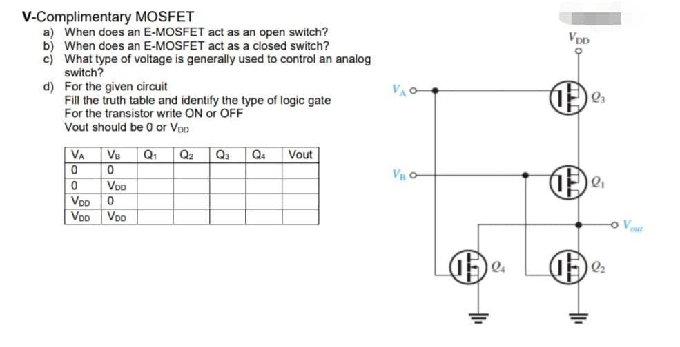 V-Complimentary MOSFET
a) When does an E-MOSFET act as an open switch?
b) When does an E-MOSFET act as a closed switch?
c) What type of voltage is generally used to control an analog
switch?
VpD
d) For the given circuit
Fill the truth table and identify the type of logic gate
For the transistor write ON or OFF
Vout should be 0 or VpD
Q3
VA
VB
Q1
Q2
Q3
Q4
Vout
VDD
VDD
VDD
VDD
o Vout
Q4
Q2
