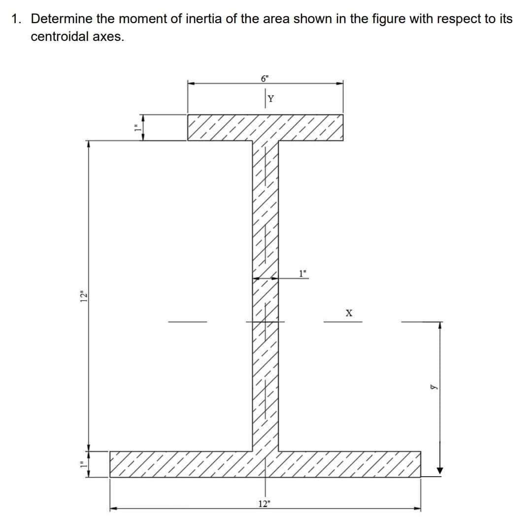 1. Determine the moment of inertia of the area shown in the figure with respect to its
centroidal axes.
6"
1"
X
12"
1".
12"

