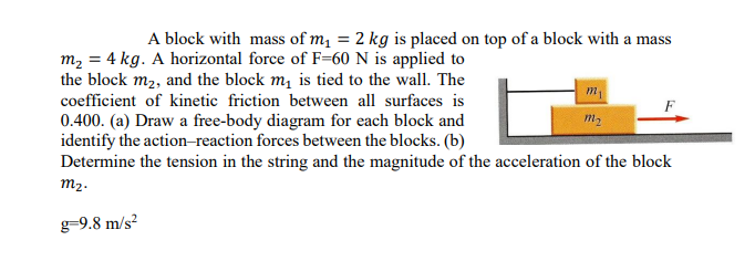 A block with mass of m, = 2 kg is placed on top of a block with a mass
m2 = 4 kg. A horizontal force of F=60 N is applied to
the block m2, and the block m, is tied to the wall. The
m
coefficient of kinetic friction between all surfaces is
0.400. (a) Draw a free-body diagram for each block and
identify the action-reaction forces between the blocks. (b)
Determine the tension in the string and the magnitude of the acceleration of the block
m2
m2.
g-9.8 m/s?
