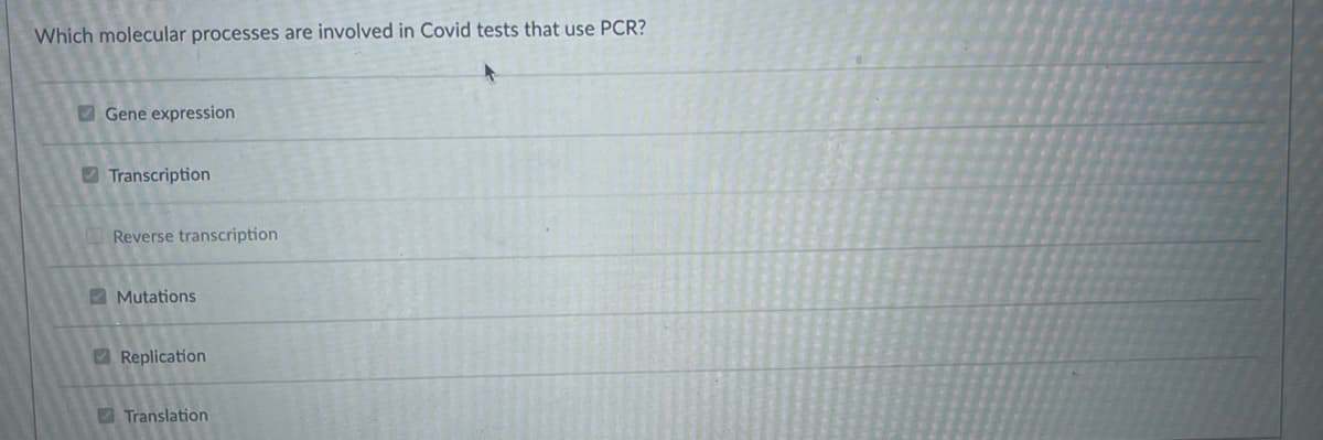 Which molecular processes are involved in Covid tests that use PCR?
Gene expression
Transcription
Reverse transcription
Mutations
Replication
Translation