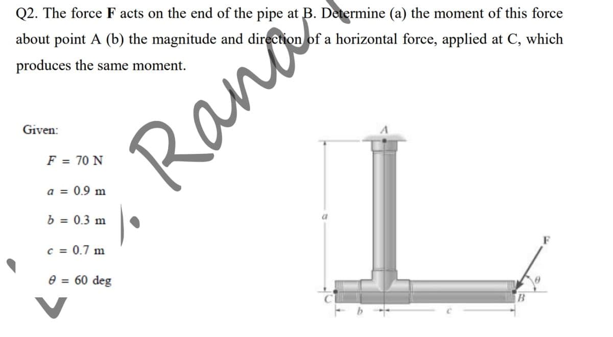 Q2. The force F acts on the end of the pipe at B. Determine (a) the moment of this force
about point A (b) the magnitude and direction of a horizontal force, applied at C, which
produces the same moment.
Given:
F = 70 N
a = 0.9 m
b = 0.3 m
a
F
c = 0.7 m
e = 60 deg
