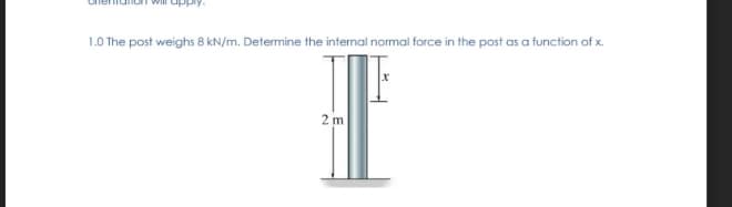 1.0 The post weighs 8 kN/m. Determine the internal normal force in the post as a function of x.
2 m
