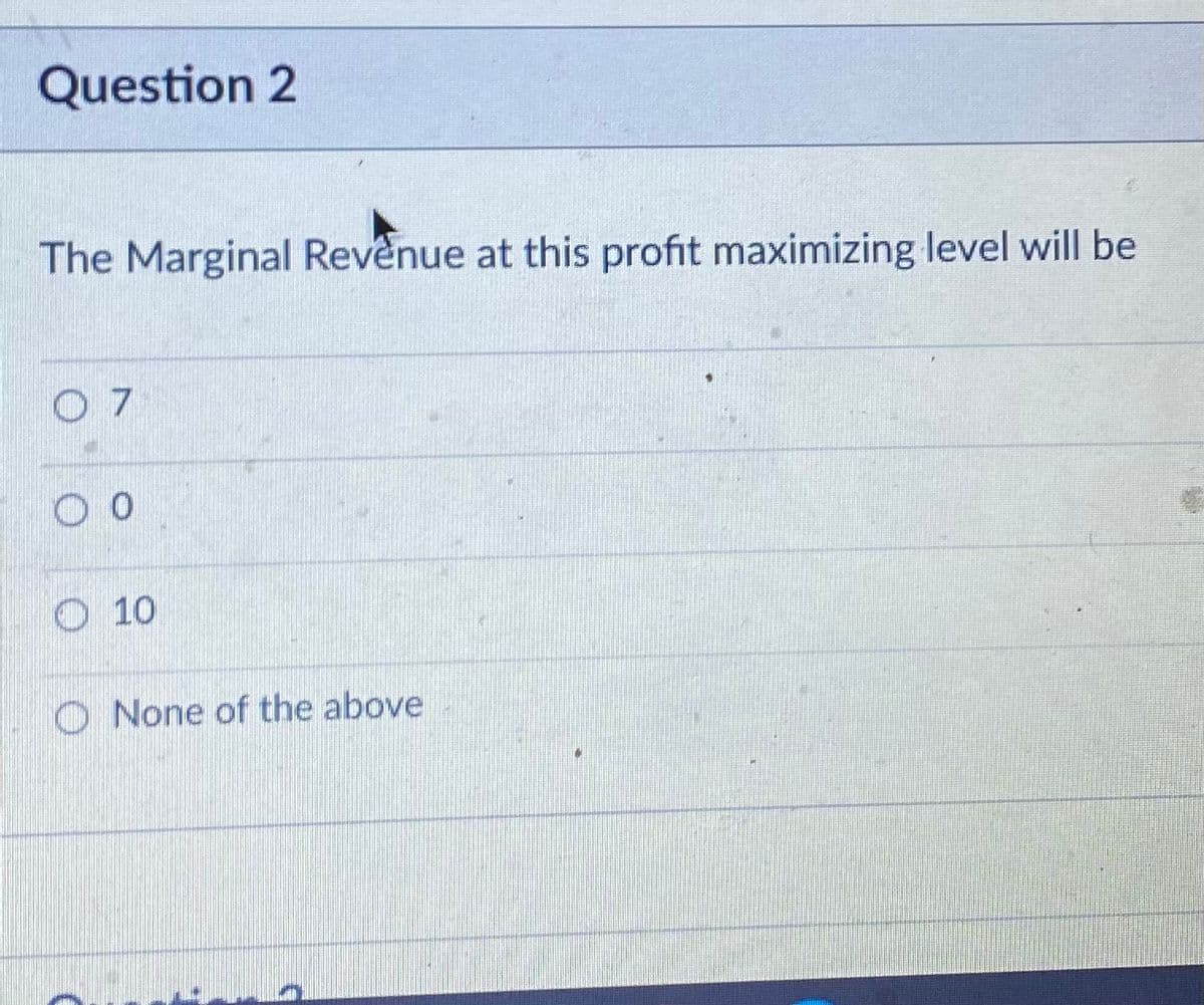 Question 2
The Marginal Revênue at this profit maximizing level will be
O 10
O None of the above
