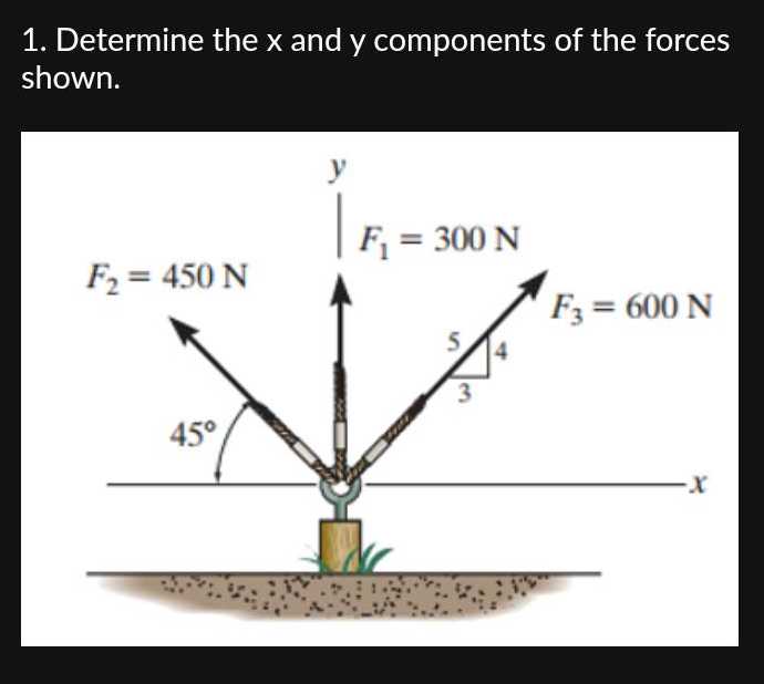 1. Determine the x and y components of the forces
shown.
F₂ = 450 N
45°
y
F₁ = 300 N
4
F3 = 600 N