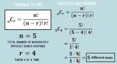 FORMULA TO USE
n!
(n-r)!r!
nCr
=
n = 5
TOTAL NUMBER OF MODERATELY
DIFFICULT DANCE ROUTINES
r = 4
TAKEN 4 AT A TIME
SOLUTION AND ANSWER
n!
nCr =
(n-r)!r!
5C4 =
=
5!
(5-4)! 4!
5!
1!4!
5.4!
1.4!
5 different ways
