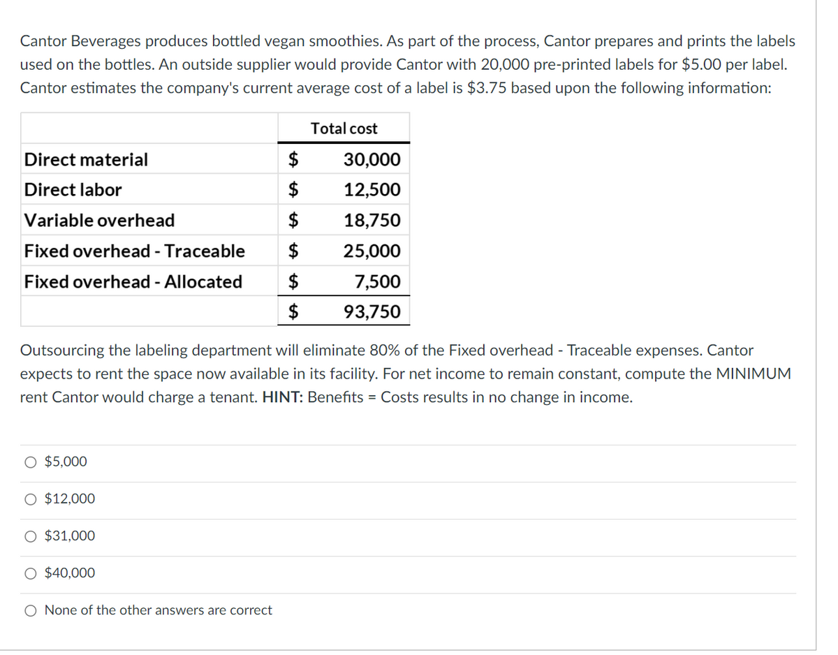 Cantor Beverages produces bottled vegan smoothies. As part of the process, Cantor prepares and prints the labels
used on the bottles. An outside supplier would provide Cantor with 20,000 pre-printed labels for $5.00 per label.
Cantor estimates the company's current average cost of a label is $3.75 based upon the following information:
Total cost
Direct material
$
30,000
Direct labor
$
12,500
Variable overhead
$
18,750
Fixed overhead - Traceable
$
25,000
Fixed overhead - Allocated
$
7,500
$
93,750
Outsourcing the labeling department will eliminate 80% of the Fixed overhead - Traceable expenses. Cantor
expects to rent the space now available in its facility. For net income to remain constant, compute the MINIMUM
rent Cantor would charge a tenant. HINT: Benefits = Costs results in no change in income.
O $5,000
O $12,000
O $31,000
O $40,000
O None of the other answers are correct
