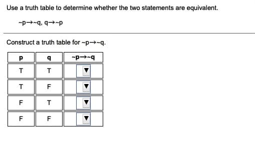 Use a truth table to determine whether the two statements are equivalent.
-p→-q, q→-p
Construct a truth table for p-q.
T
F
T.
F
F
