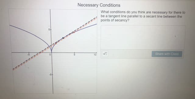 Necessary Conditions
What conditions do you think are necessary for there to
be a tangent line parallel to a secant line between the
points of secancy?
---------
10
----- -----
Share with Class
-5
