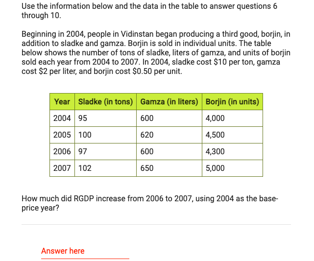 Use the information below and the data in the table to answer questions 6
through 10.
Beginning in 2004, people in Vidinstan began producing a third good, borjin, in
addition to sladke and gamza. Borjin is sold in individual units. The table
below shows the number of tons of sladke, liters of gamza, and units of borjin
sold each year from 2004 to 2007. In 2004, sladke cost $10 per ton, gamza
cost $2 per liter, and borjin cost $0.50 per unit.
Year Sladke (in tons) Gamza (in liters) Borjin (in units)
2004 95
600
4,000
2005 100
620
4,500
2006 97
600
4,300
2007 102
650
5,000
How much did RGDP increase from 2006 to 2007, using 2004 as the base-
price year?
Answer here
