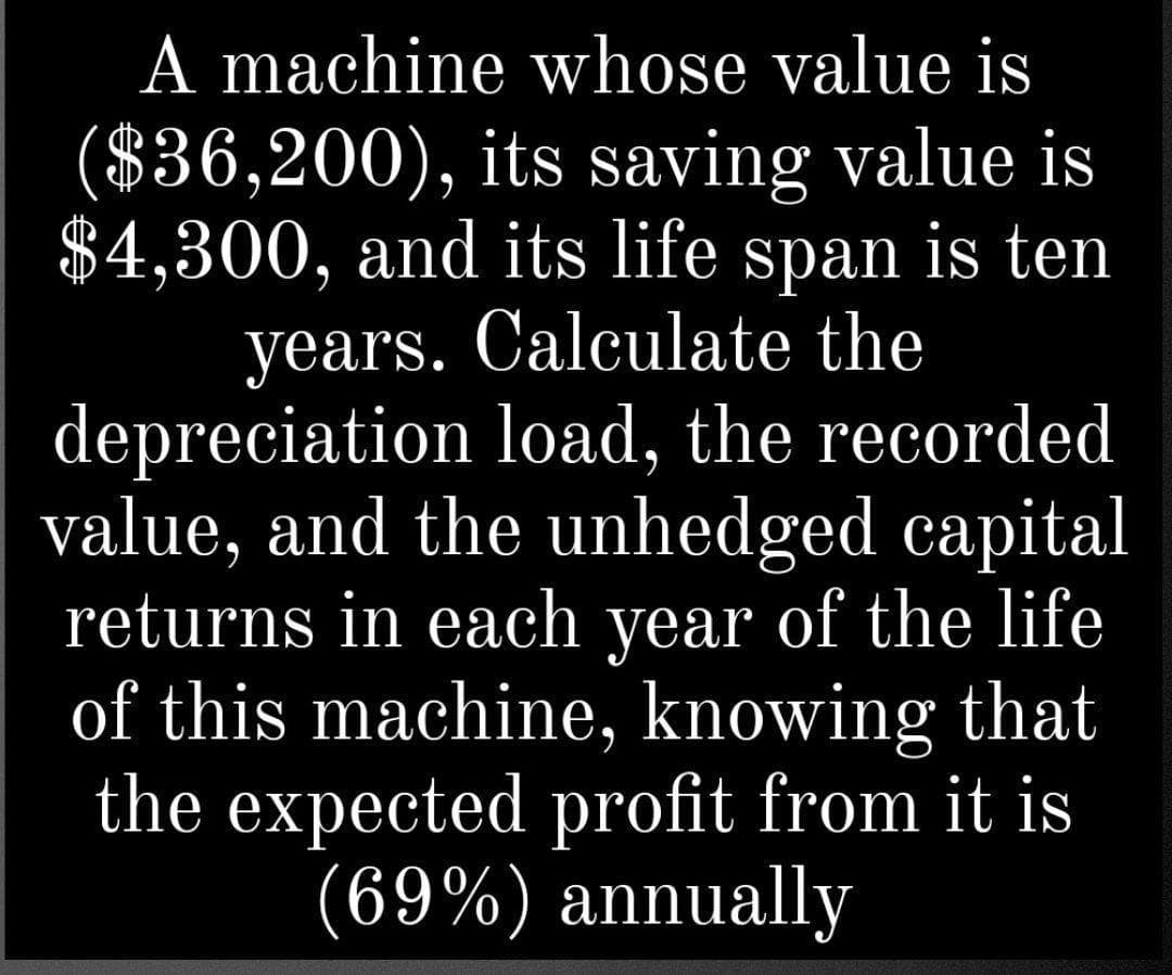 A machine whose value is
($36,200), its saving value is
$4,300, and its life span is ten
years. Calculate the
depreciation load, the recorded
value, and the unhedged capital
returns in each year of the life
of this machine, knowing that
the expected profit from it is
(69%) annually
