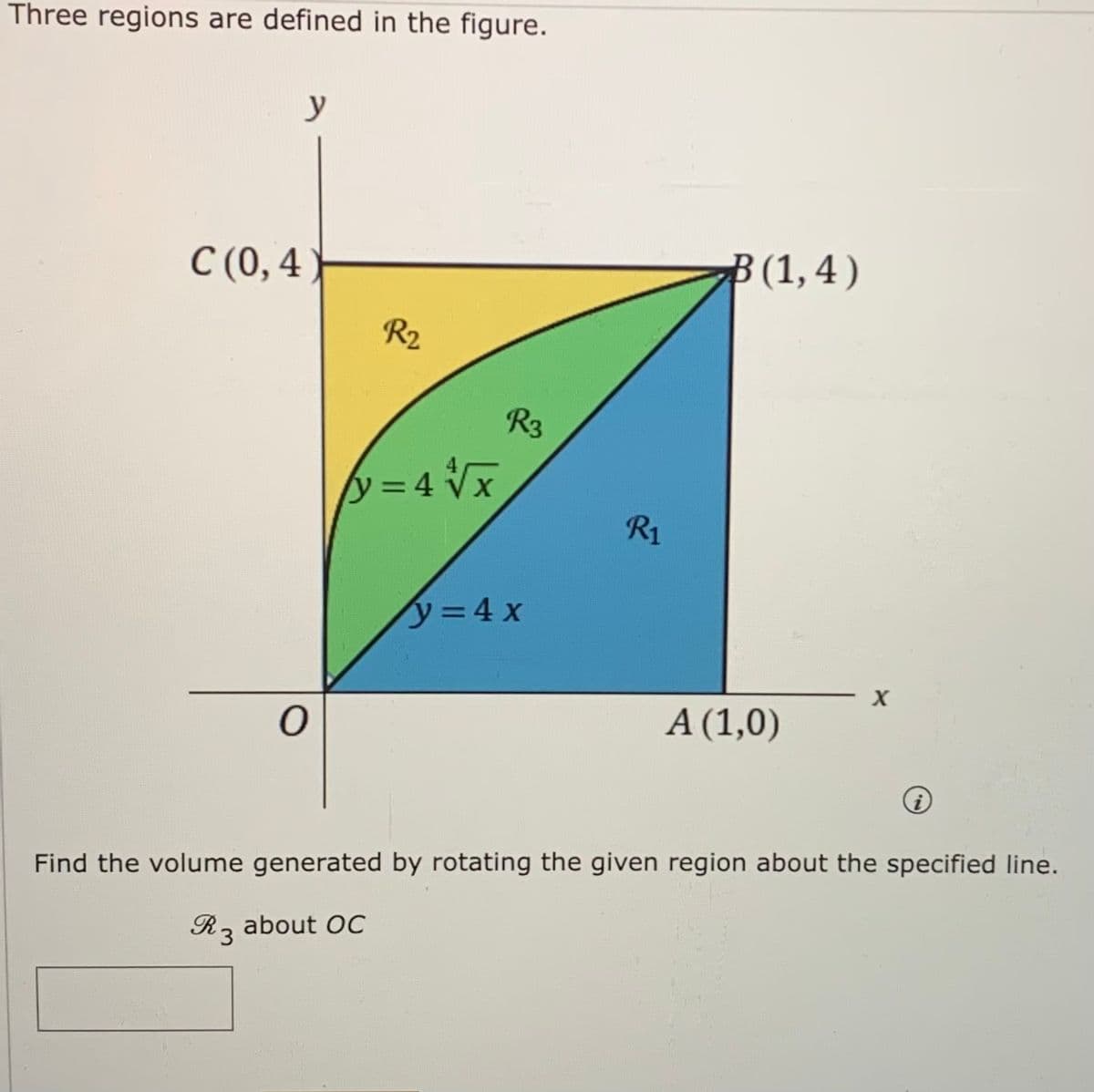 Three regions are defined in the figure.
y
C (0,4)–
В 1,4)
R2
R1
y34x
A (1,0)
Find the volume generated by rotating the given region about the specified line.
Rz about OC
