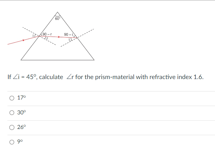 O 17⁰
O 30°
If Zi = 45°, calculate <r for the prism-material with refractive index 1.6.
26°
90-r
O 9⁰
60°
90 -