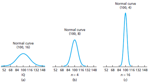 Normal curve
(100, 4)
Normal curve
(100, 8)
Normal curve
(100, 16)
52 68 84 100 116 132 148
52 68 84 100 116 132 148
52 68 84 100 116 132 148
IQ
n= 4
n= 16
(a)
(b)
(c)
