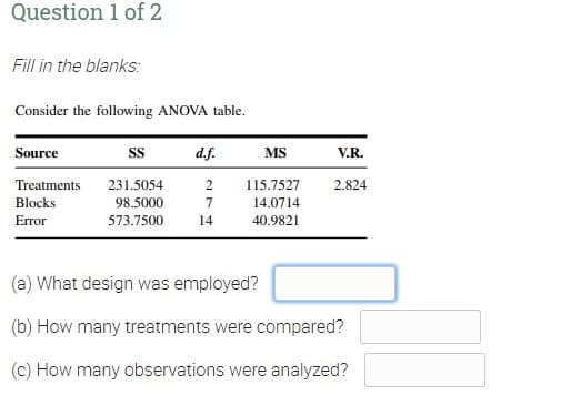 Question 1 of 2
Fill in the blanks:
Consider the following ANOVA table.
Source
d.f.
MS
V.R.
Treatments
231.5054
115.7527
2.824
Blocks
98.5000
14.0714
Error
573.7500
14
40.9821
(a) What design was employed?
(b) How many treatments were compared?
(c) How many observations were analyzed?
