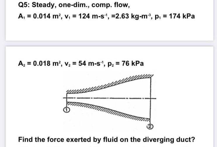 Q5: Steady, one-dim., comp. flow,
A, = 0.014 m?, v, = 124 m-s', =2.63 kg-m, p, = 174 kPa
A, = 0.018 m?, v, = 54 m-s, p2 76 kPa
Find the force exerted by fluid on the diverging duct?

