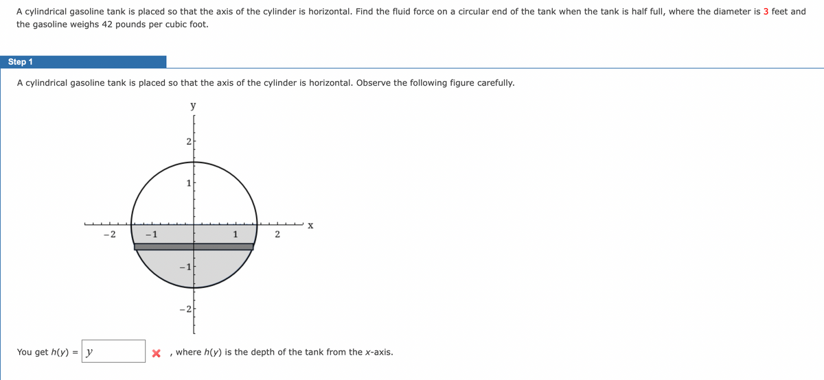 A cylindrical gasoline tank is placed so that the axis of the cylinder is horizontal. Find the fluid force on a circular end of the tank when the tank is half full, where the diameter is 3 feet and
the gasoline weighs 42 pounds per cubic foot.
Step 1
A cylindrical gasoline tank is placed so that the axis of the cylinder is horizontal. Observe the following figure carefully.
You get h(y) = y
-2
-1
X
I
y
2
-1
2
1
2
X
where h(y) is the depth of the tank from the x-axis.